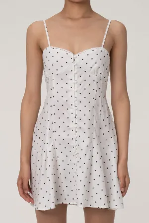 Retro Polka Dot Spaghetti Strap Button Down Lace Up Pleated Mini Sundress