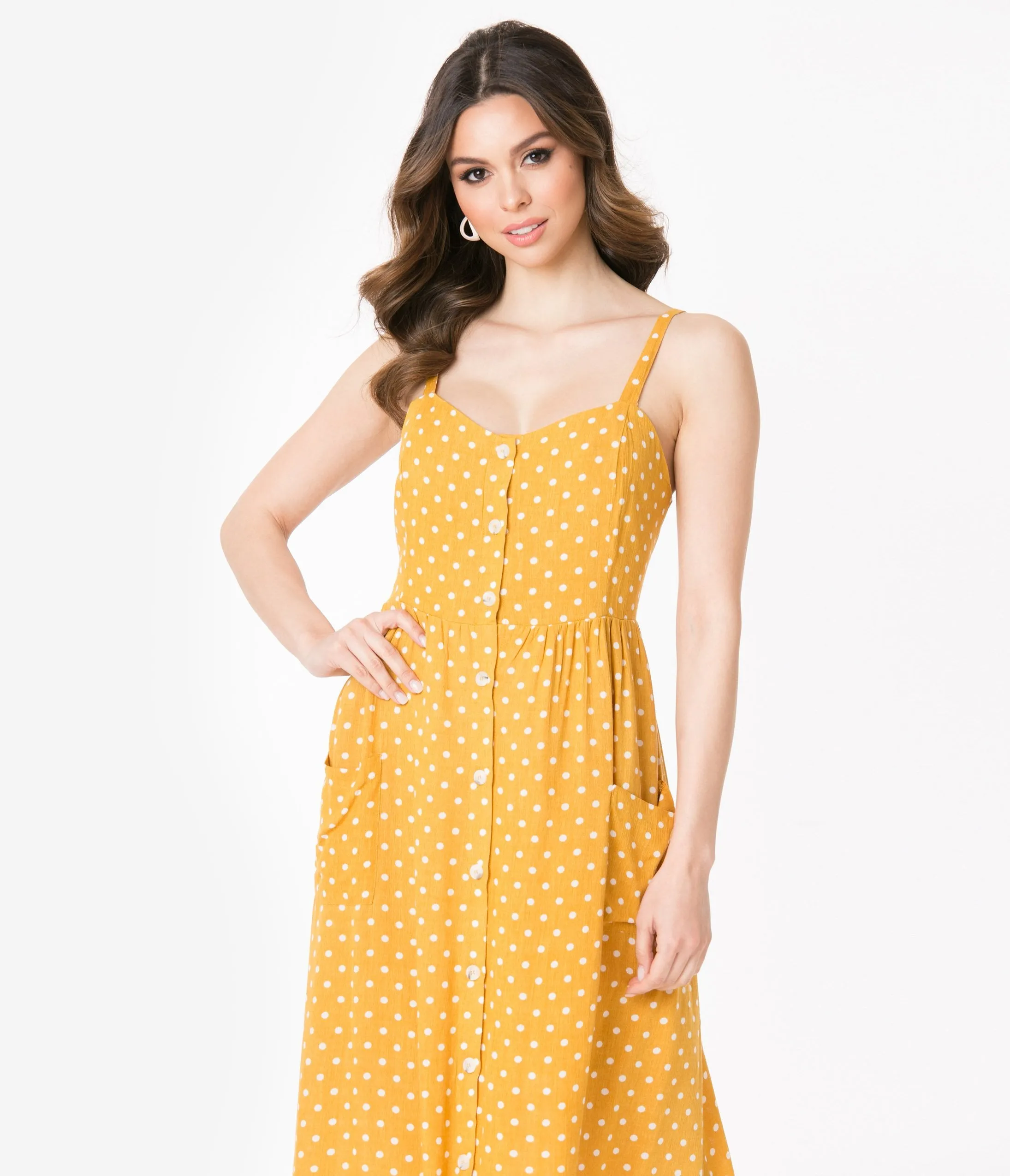 Retro Style Mustard & White Polka Dots Shirtdress