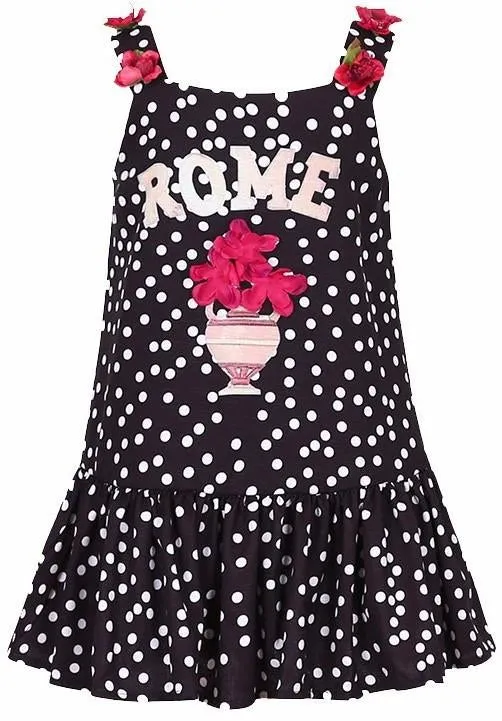 'Rome' Embroidered Polka Dot Print Floral-Appliques Dress, Black or White