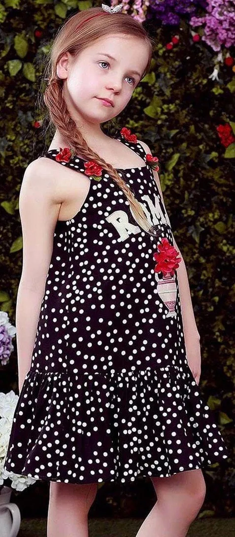 'Rome' Embroidered Polka Dot Print Floral-Appliques Dress, Black or White