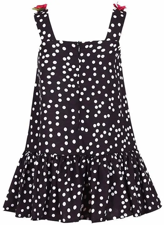 'Rome' Embroidered Polka Dot Print Floral-Appliques Dress, Black or White