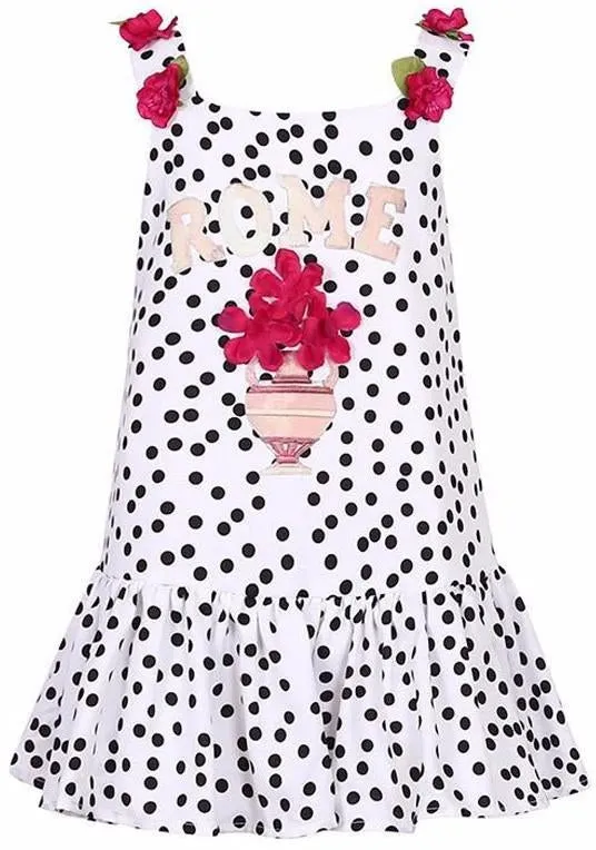 'Rome' Embroidered Polka Dot Print Floral-Appliques Dress, Black or White