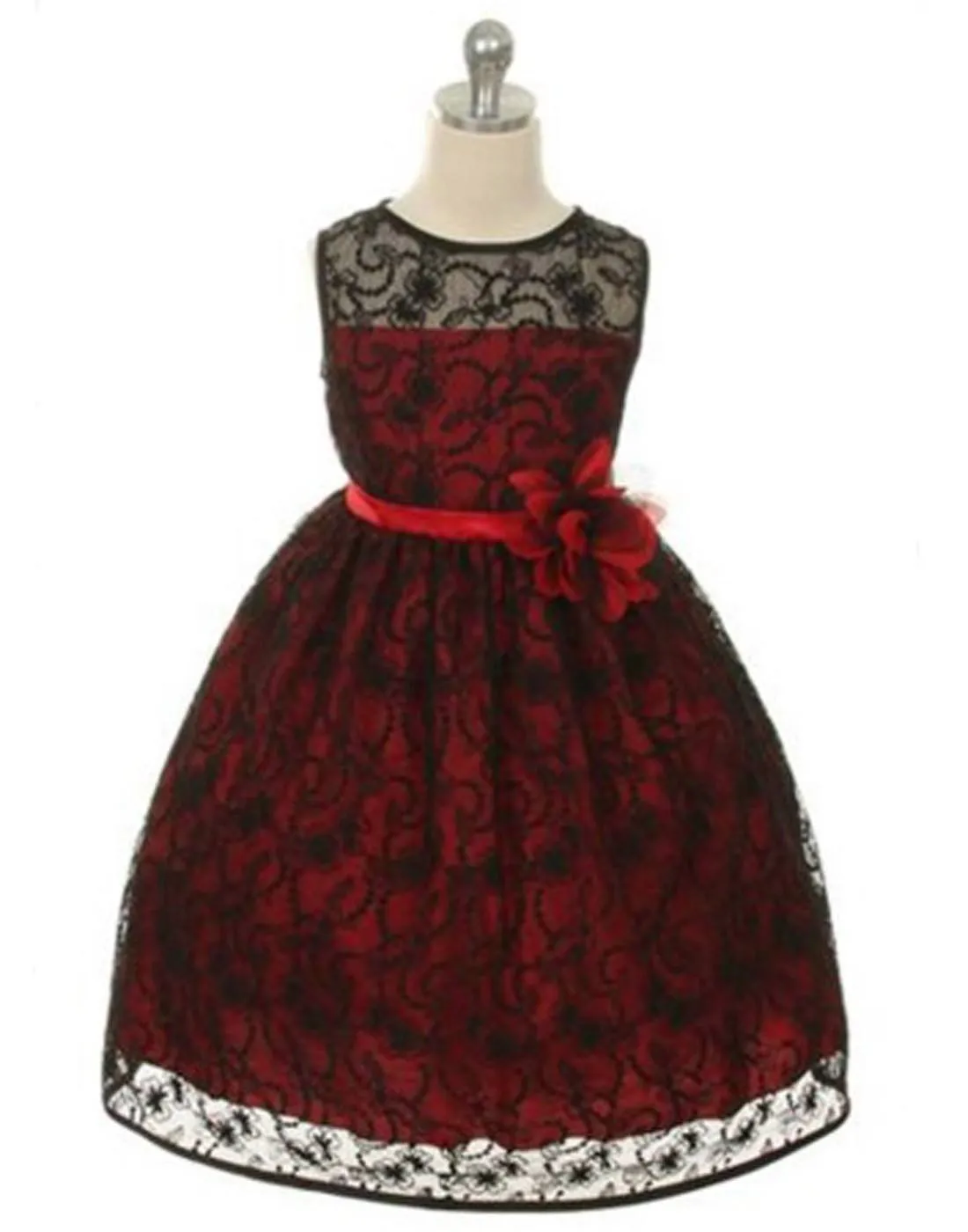 Satin Lining and Floral Overlay Lace Dress - Black / Red