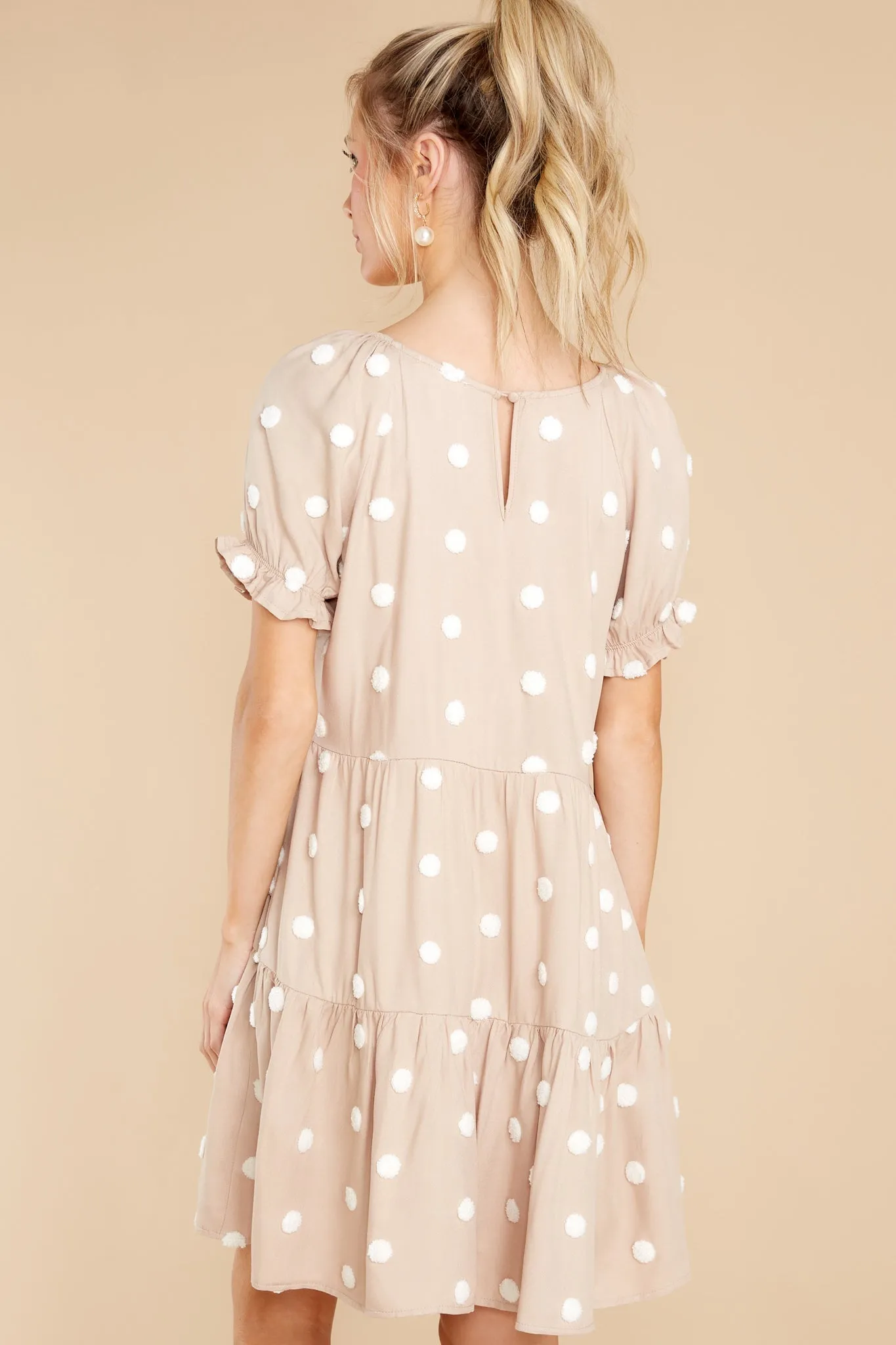 She Loves To Twirl Taupe Polka Dot Dress