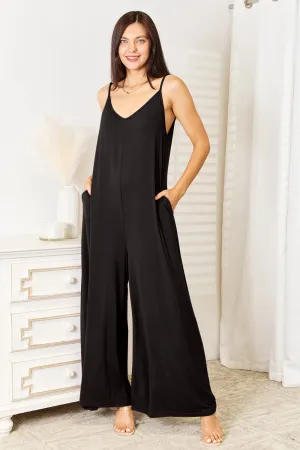 Soft Rayon Spaghetti Strap Tied Wide Leg Jumpsuit