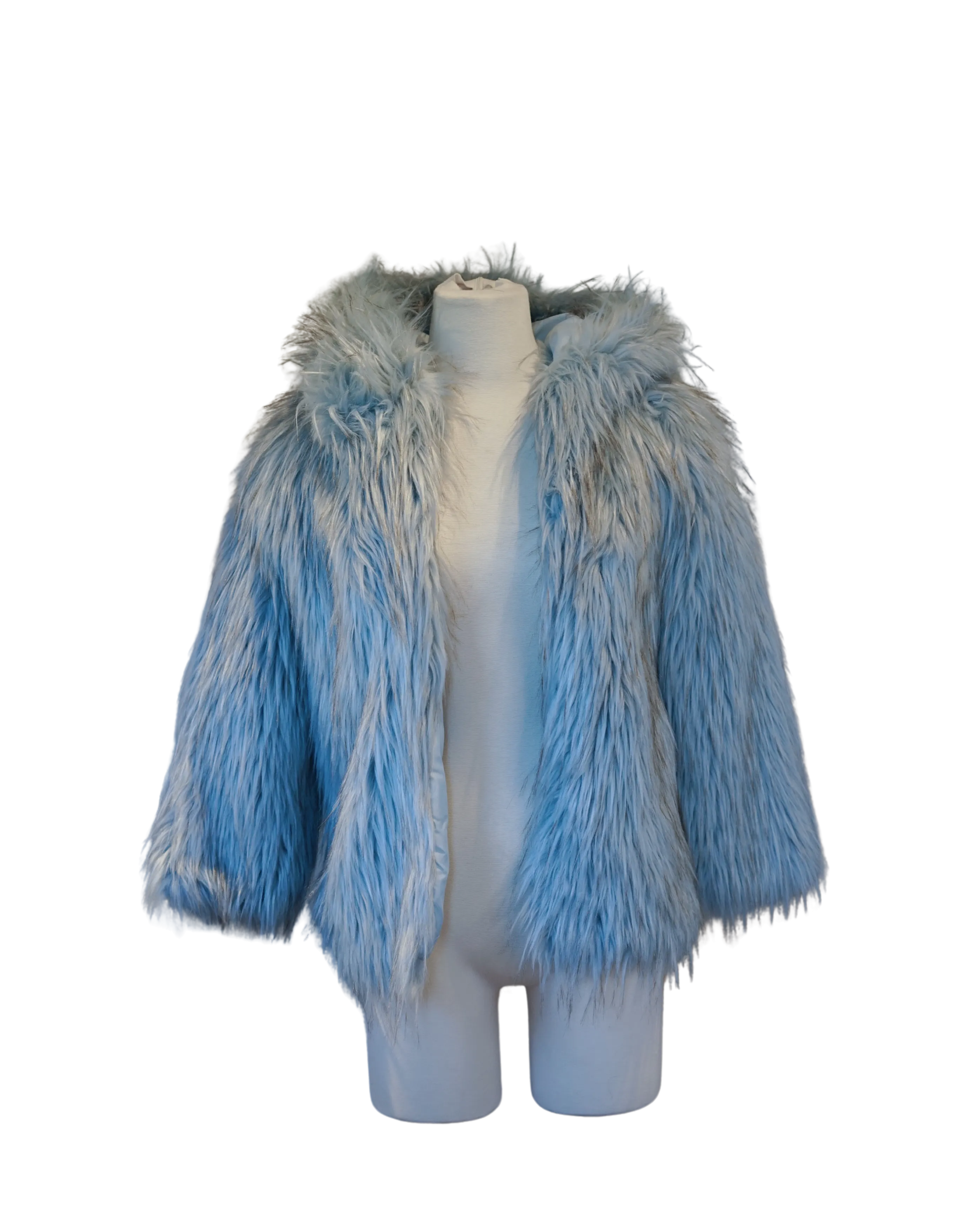 Steel Blue and Sparse Black Accent Mixed Faux Fur Coat with Hood