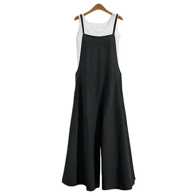 Summer ZANZEA Women Cotton Linen Wide Leg Romper Casual Strappy Sleeveless Loose Long Jumpsuit Dungaree Party Overalls (US 16W-28W)