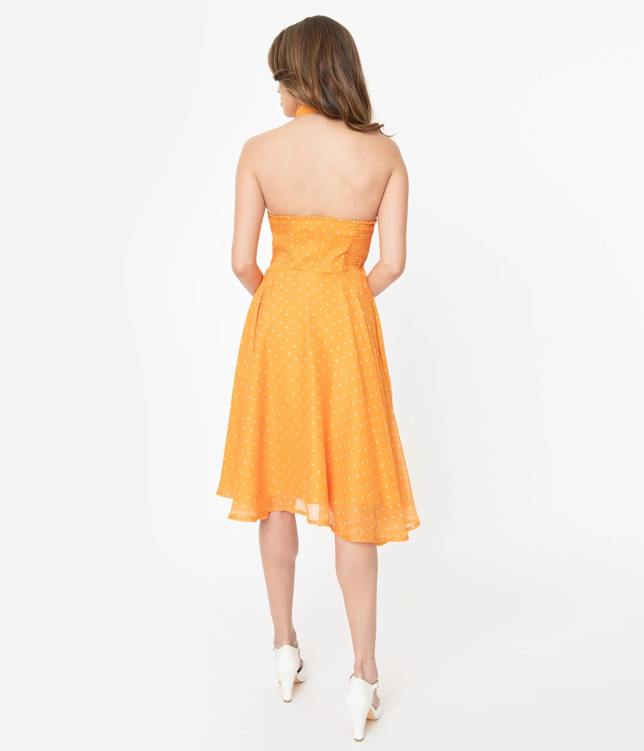 Tangerine & Ivory Pin Dot Halter Trinity Swing Dress