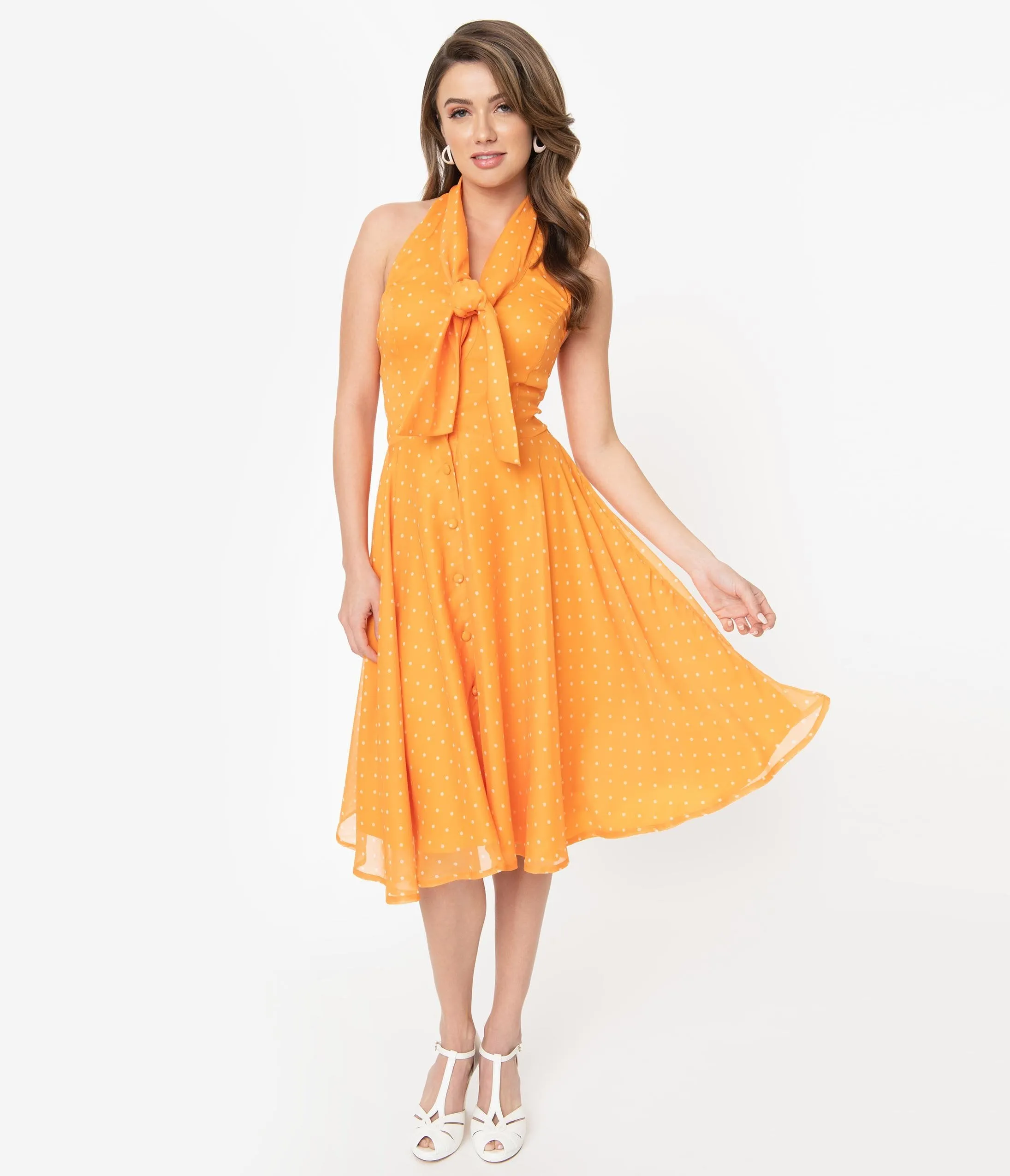 Tangerine & Ivory Pin Dot Halter Trinity Swing Dress