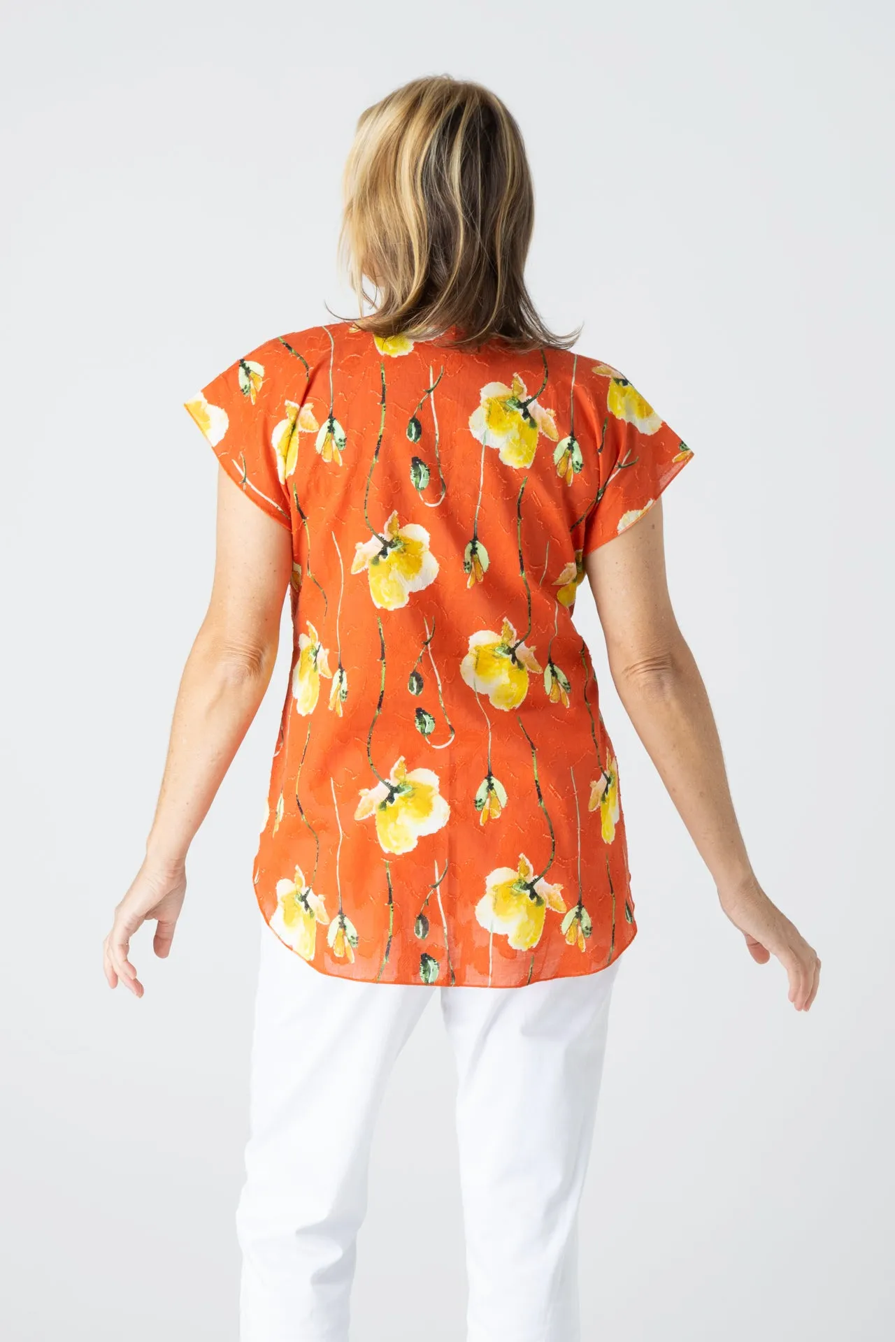 Tangerine Print Short Sleeve Non-Crush Jacquard Cotton Top