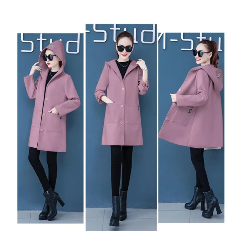 Thickened Plus Velvet Hooded Thigh-Length Loose Fit Wool Blend Coat