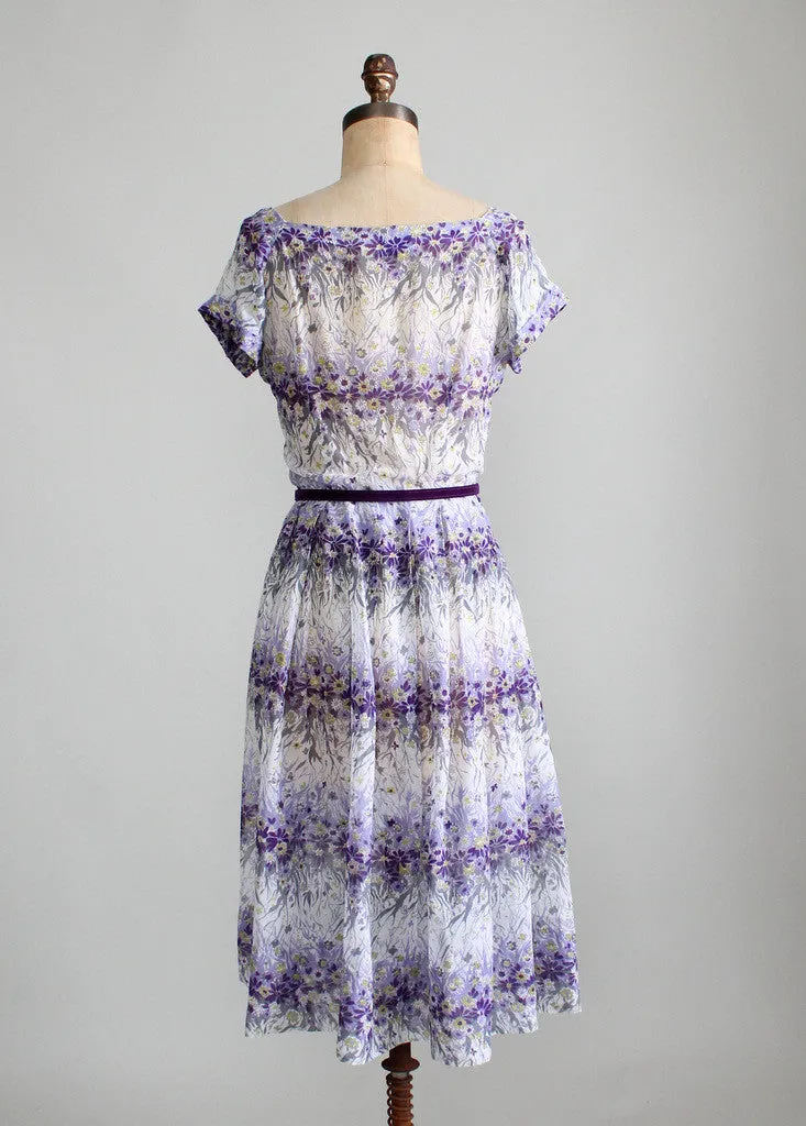 Vintage Early 1950s Nelly Don Violet Floral Sheer Dress