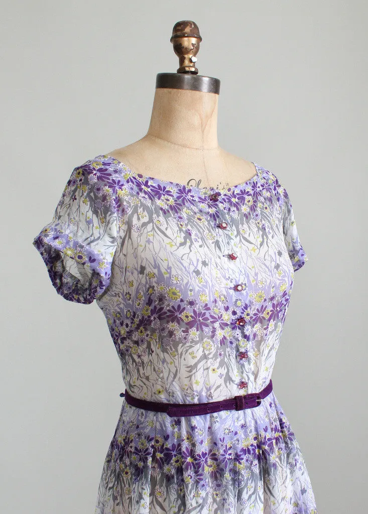 Vintage Early 1950s Nelly Don Violet Floral Sheer Dress