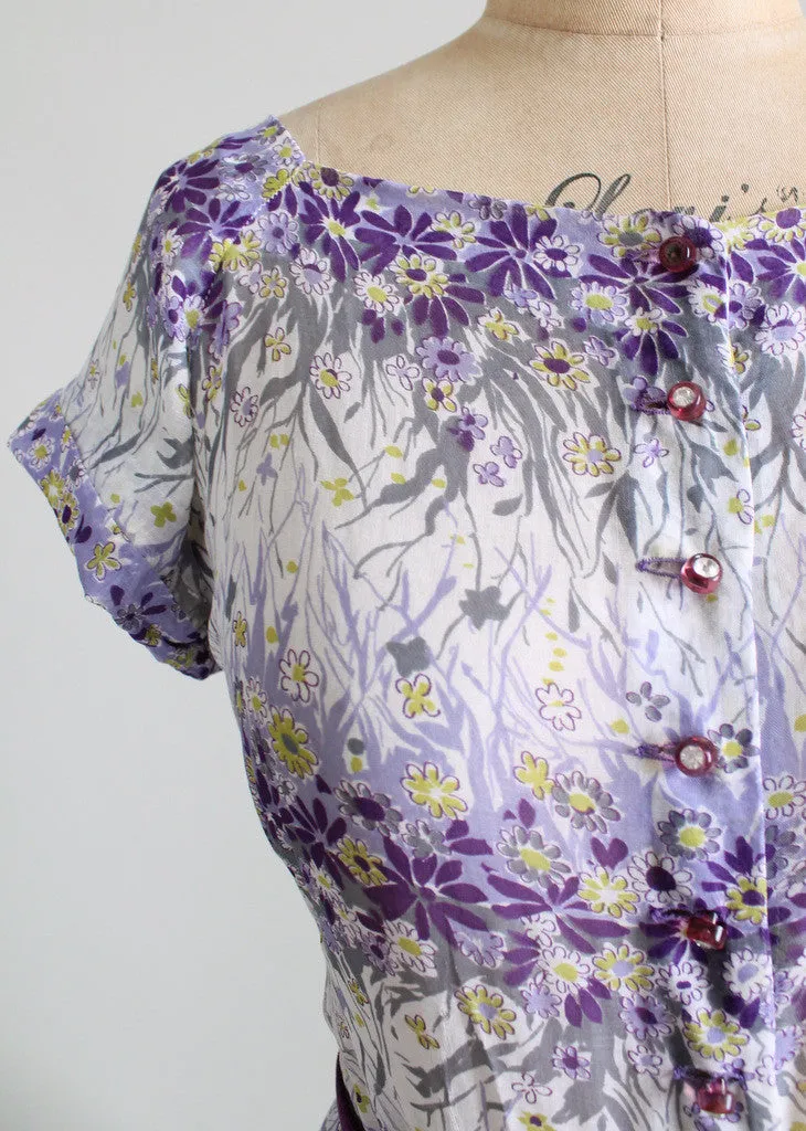 Vintage Early 1950s Nelly Don Violet Floral Sheer Dress