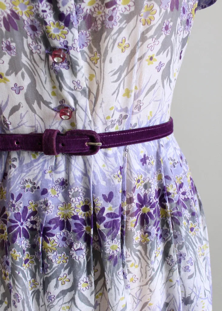 Vintage Early 1950s Nelly Don Violet Floral Sheer Dress