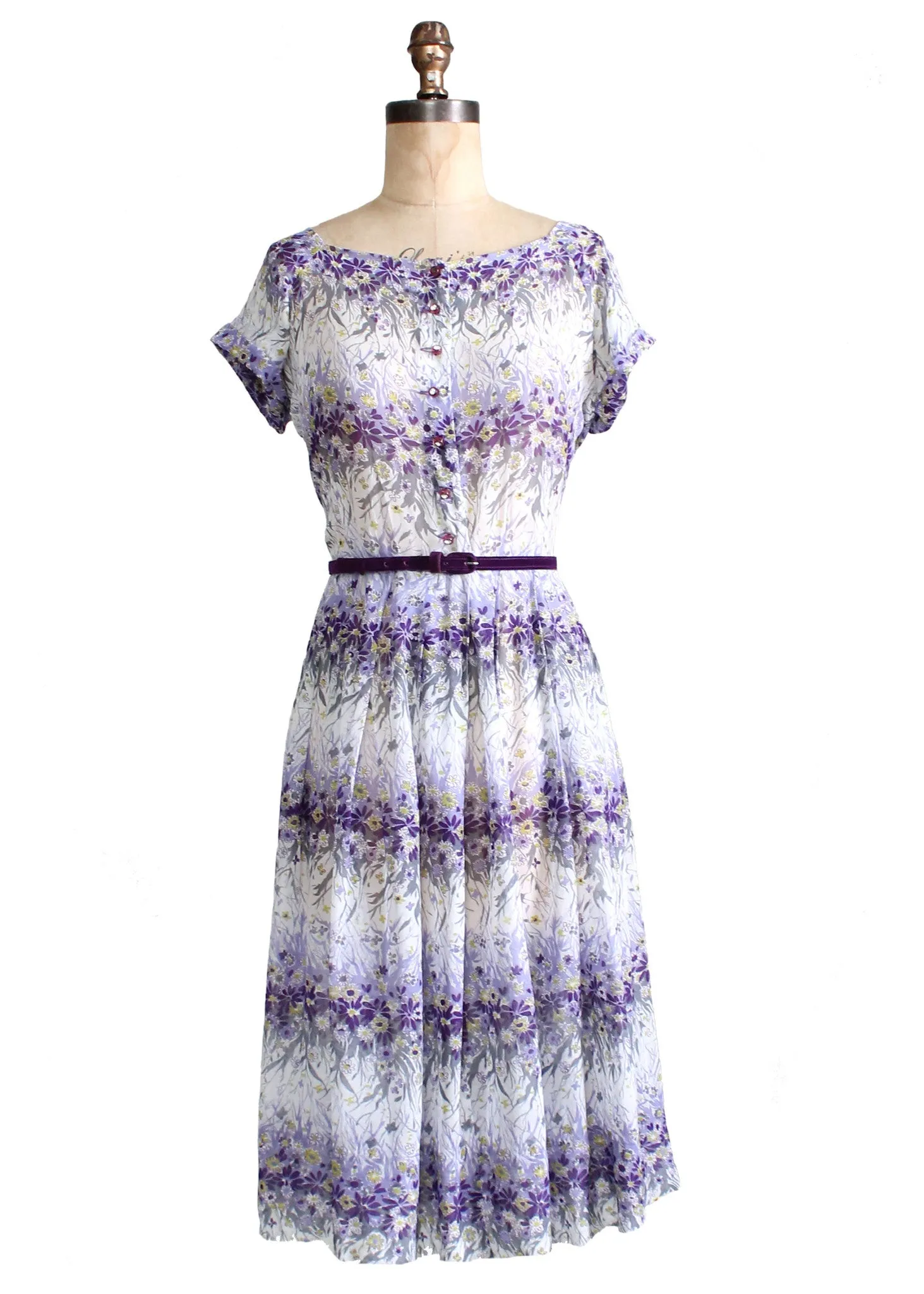 Vintage Early 1950s Nelly Don Violet Floral Sheer Dress