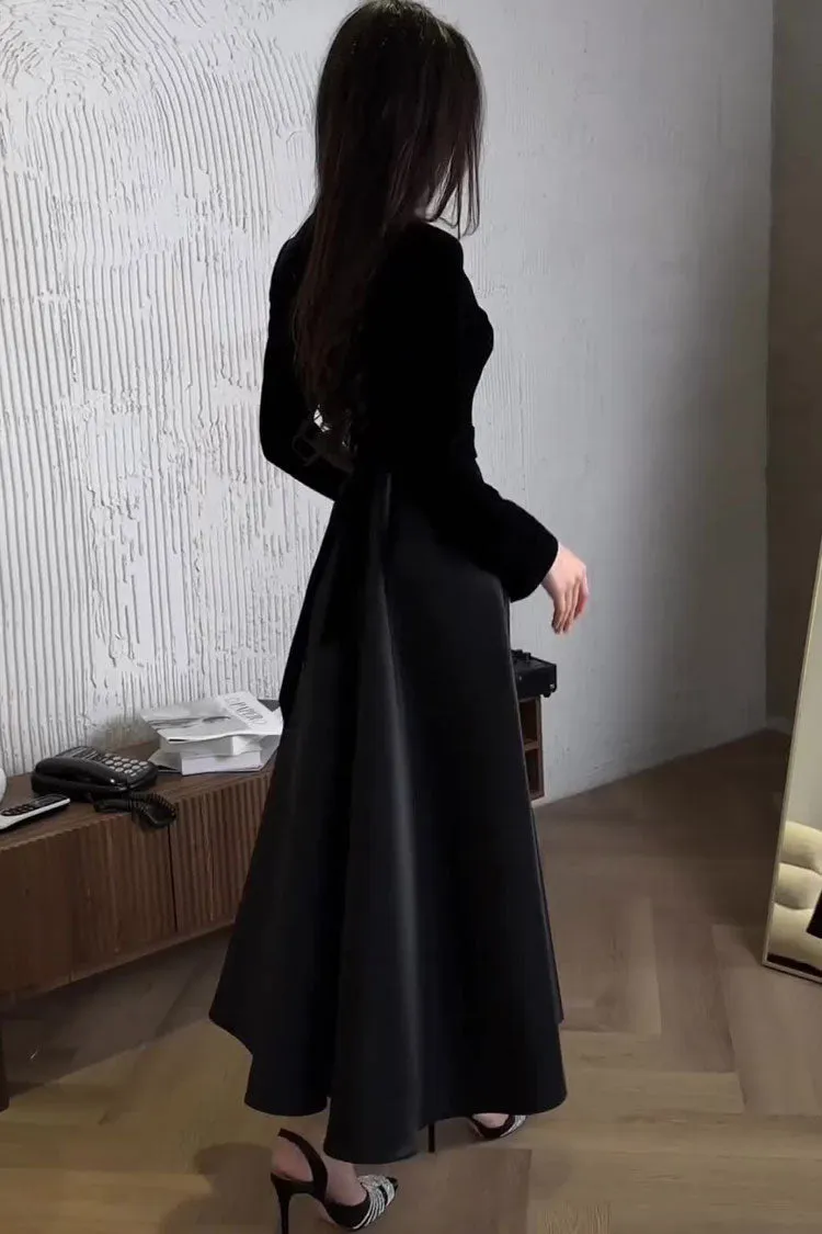 Vintage Long Sleeve High Waist Velvet Silky Satin Evening Maxi Dress - Black