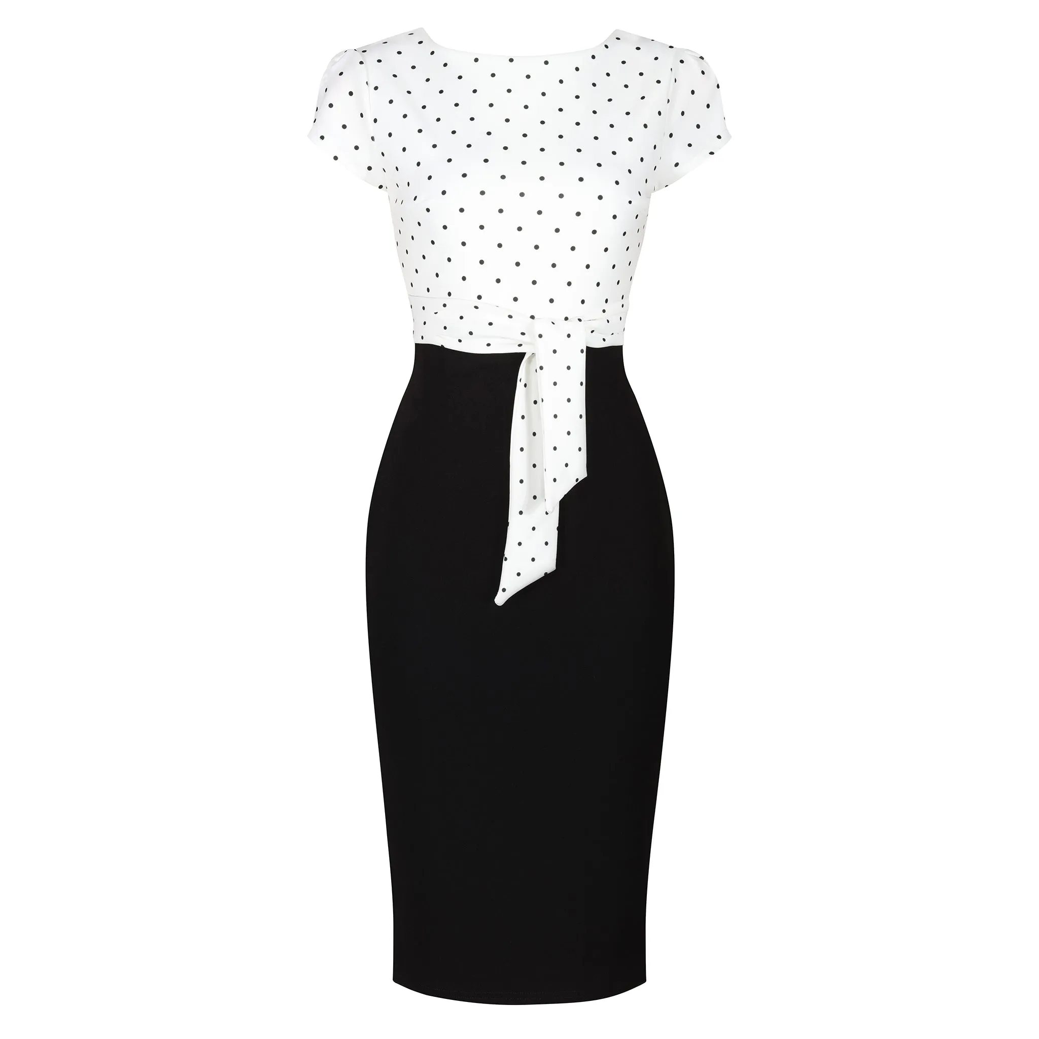 White And Black Polka Dot Print Tie Front Bodycon Midi Dress