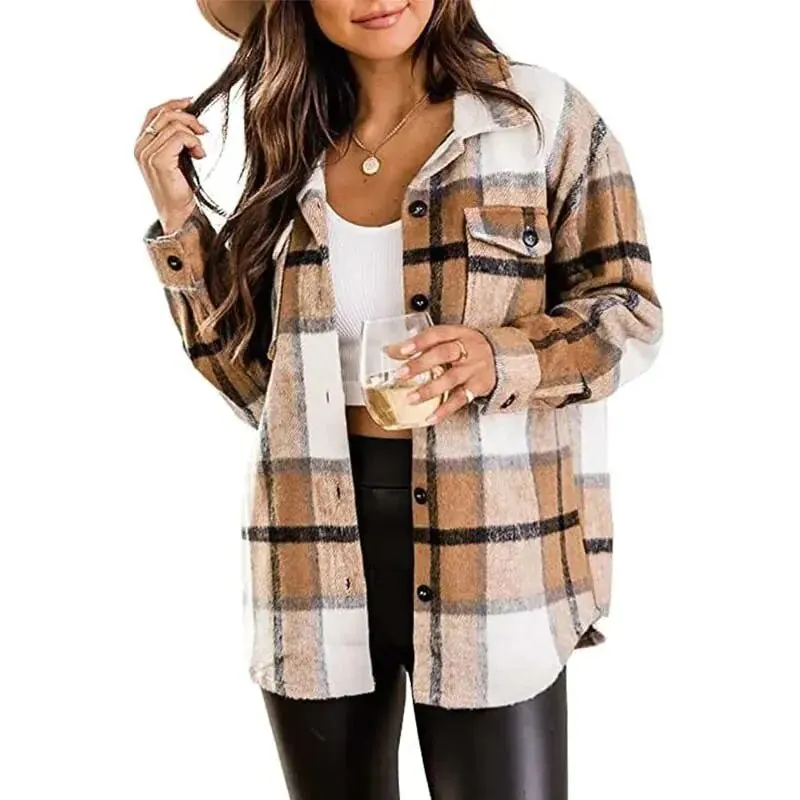 Women Flannel Casual Plaid Button Down Long Sleeve Woolen Shirt Vintage Elegant Fashion Jacket Coat Fashion Woman Blouse