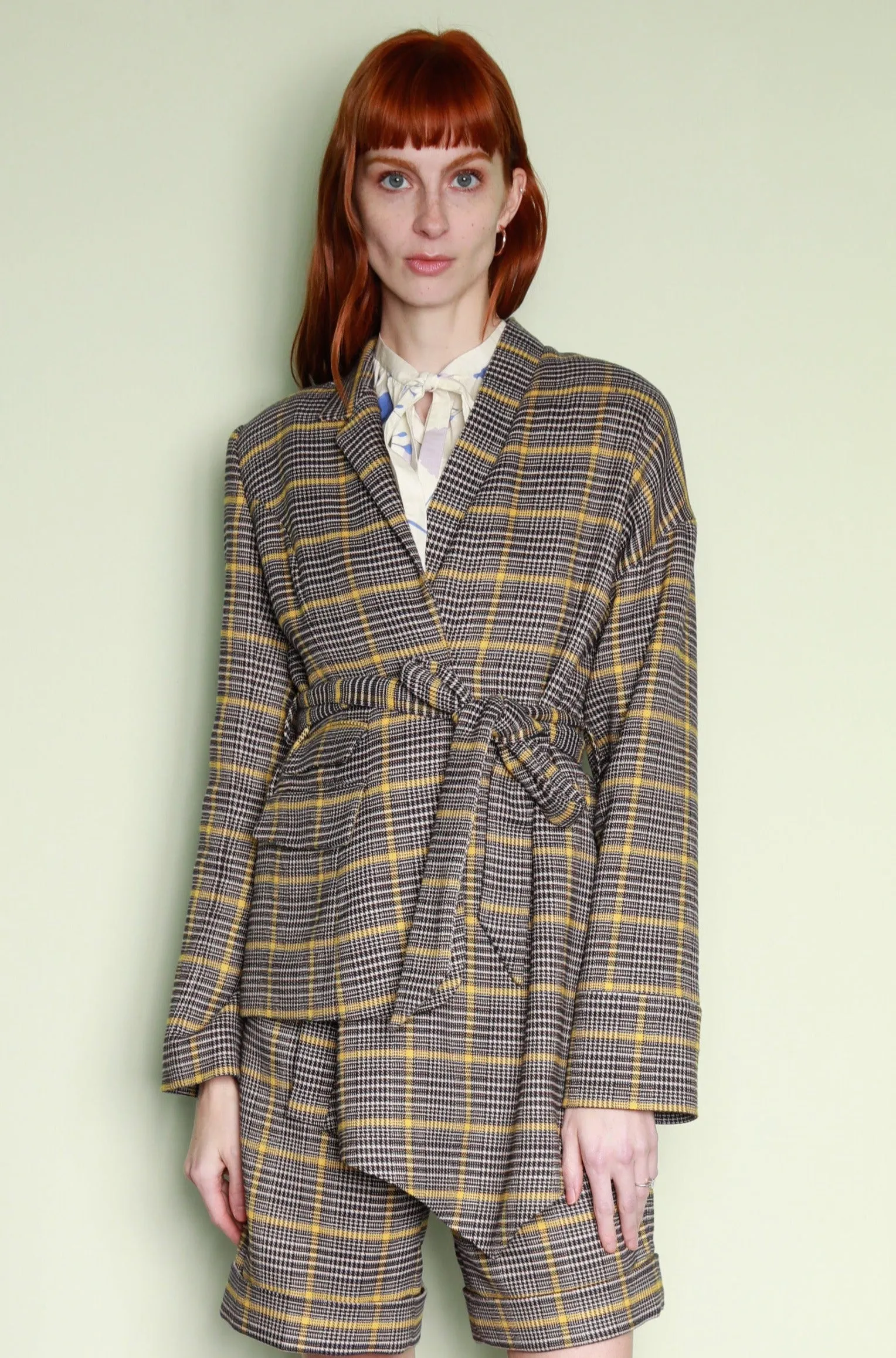 Wool Brown Plaid Self Tie Blazer