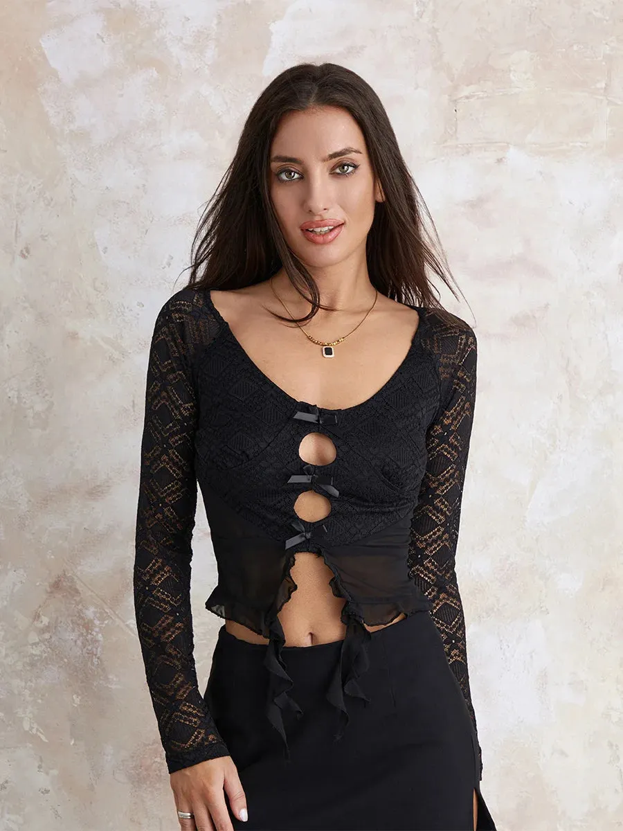 Y2k Lace Sheer Sexy Slim Fit Fairy Long Sleeve Elegant Trendy Stylish Classic Crop Top